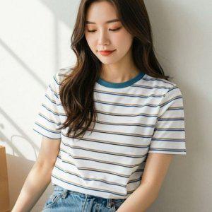 레이디스 줄무늬 원형넥 여름철 시그니처 하프슬리브 상의 스트라이프 크루넥티 반소매티 우먼라티 폴리 세