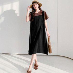 릴렉스핏 멜빵 스타일링 원피스룩 미디 이지 뷔스티에 데일리 플레어스커트세미플레어 숏티 일상 면원피스