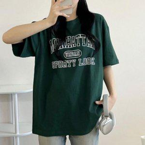 우먼 오버사이즈 순면소재 하절기 이지 그래픽프린트 숏티 반팔티 와이셔츠 그린 레이디 반소매티 티 여성