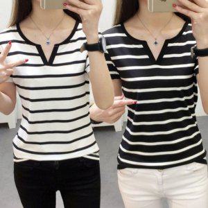 걸스 패턴 앞트임 숏슬리브 티 줄무늬가로줄 데일리 레이디 쿨시즌 브이컷