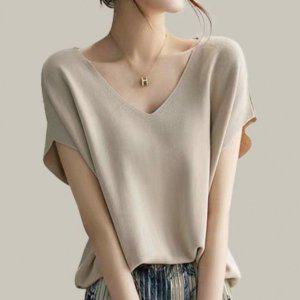 우먼 쿨시즌 심플 V라인 냉감 숏티 풀오버티셔츠 캐주얼셔츠 베이지 니트탑 여름반팔 하절기 여성반팔