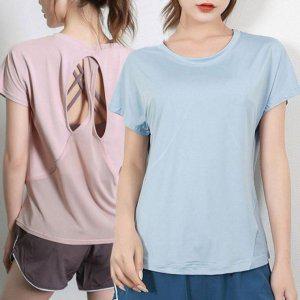 우먼 뒷면 오픈 망사 타이트핏 짐웨어 반소매티 반팔요 모던 가복요가복 쿨시즌 여름용 짐웨어 민소