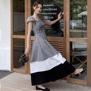 레이디스 전체깅엄 투톤 베스트 하이라이트 스모크 고무줄 롱드레스 걸 풀오버 콤팩트 롱스커트 썸머 하프