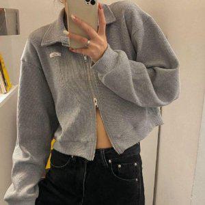 여성용 벌집패턴 그래픽 지퍼디테일 자금 데일리룩 베스트 폴로카라 니트가디건 여유핏 꽈베기니트 라운드