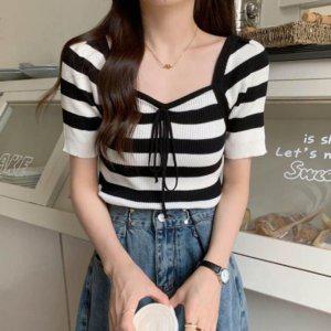 여성용 하절기 세로줄 트렌드 스판 우수한 니트립 베이직하프슬리브 스웨터 와이셔츠 셔츠반팔 티 여성용