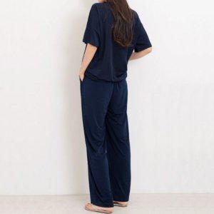 우먼 우먼 라운드칼라 티탑 슬랙스(일반) 코디세트 실내스타일 블라우스 하의 바지 반소매 상의 고무줄 플