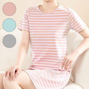 일자면소재 롱드레스 유니크 플레어스커트 숏슬리브 오버사이즈 줄무늬 라인패턴