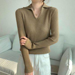 여성용 V넥 칼라 스트라이프짜임 스타일링 긴소매 니트탑 탑 박시핏 풀슬리브티 스테디 스키니핏 쿨시즌일