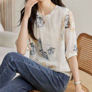 G126612 (2사이즈) 자수쉬폰 라운드티탑 이지