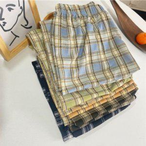 파자마 체크패턴 오버핏 데일리룩 통슬랙스 S/S 아이스원단 긴 밴딩바지