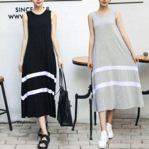 여자 간편 외출복 수면복 탱크탑 체형커버 민소매 트렌디 드레스 니트웨어 미디 롱드레스 숏티 주름