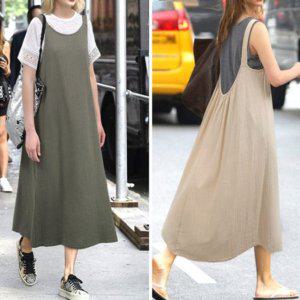심플 캐주얼핏 리넨패브릭 박시원피스 와이드핏 큰사이즈멜빵스커트 여름원피스 410