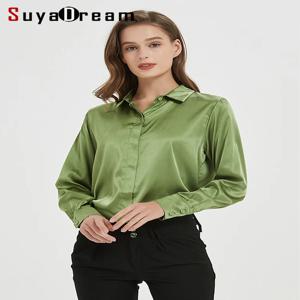 SuyaDream 여성 솔리드 셔츠 93% 리얼 실크 7% 스판덱스 긴 소매 세련된 블라우스, 2025 봄 가을 Office Lady Top