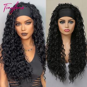 곱슬 머리띠 합성 가발 자연 블랙 긴 여성의 머리띠 가발 깊은 물결 보헤미안 머리 흑인 여성을위한 가짜 머리
