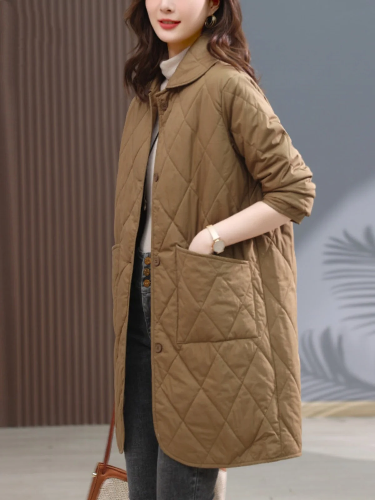 얇은 면 재킷 여성용 중간 길이 가벼운 겨울 코트 패딩 아우터웨어 엄마의 패셔너블한 봄 가을 면 패딩