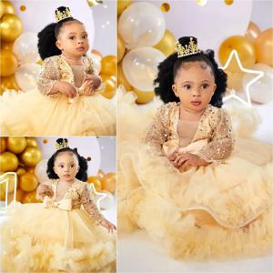 사랑스러운 꽃 소녀 드레스, 웨딩 스팽글, 전체 소매 바닥 길이, 아기 소녀 무도회 가운, 사진 촬영용 첫 성찬식 가운