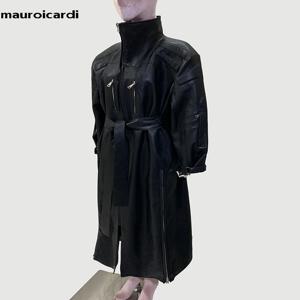 Mauroicardi 여성용 방수 PU 가죽 트렌치 코트, 어깨 패드 집업 오버코트, 엑스트라 롱 쿨 블랙, 용수철 가을 2024