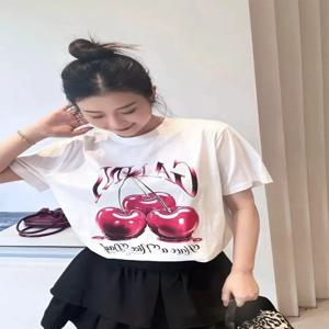 2025 새로운 봄, 여름 새로운 체리 로즈 호랑이 고양이 패턴 티셔츠 다목적 여름 커플 티셔츠 반팔