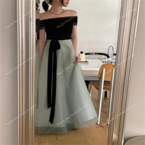 간단한 블랙 민트 그린 한국 여성 이브닝 드레스 맞춤형 사진 촬영 Tulle Strapless 바닥 길이 공식 행사 가운