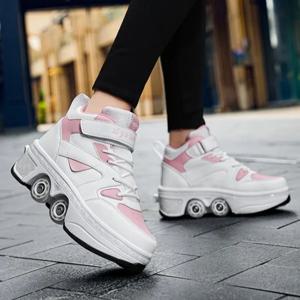 여성용 하이 탑 4 륜 롤러 스케이트 남여 유행 자동 팝업 바퀴 달린 스포츠 신발 캐주얼 이중 목적 스케이트