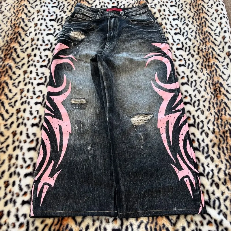 Y2K 디스트로이드 데님 팬츠 다크 워시 와이드 레그 디스트레스드 핑크 불꽃 자수 E걸 배기 힙합 펑크 스타일 여성용 바지