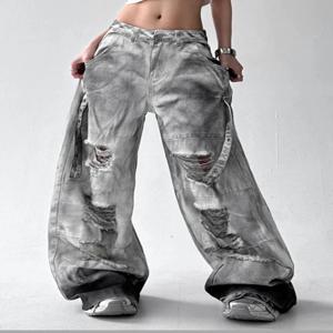 여성 타이다이 찢어진 청바지 여성 버려진 흙 스타일 와이드 레그 팬츠 여름 루즈 워크웨어 데님 레트로 빈티지 바지