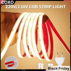 220V COB LED 스트립 조명 296개 LED/m 고휘도 방수형 플렉시블 LED 테이프 리본, 실내 주방 실외 조명 230V
