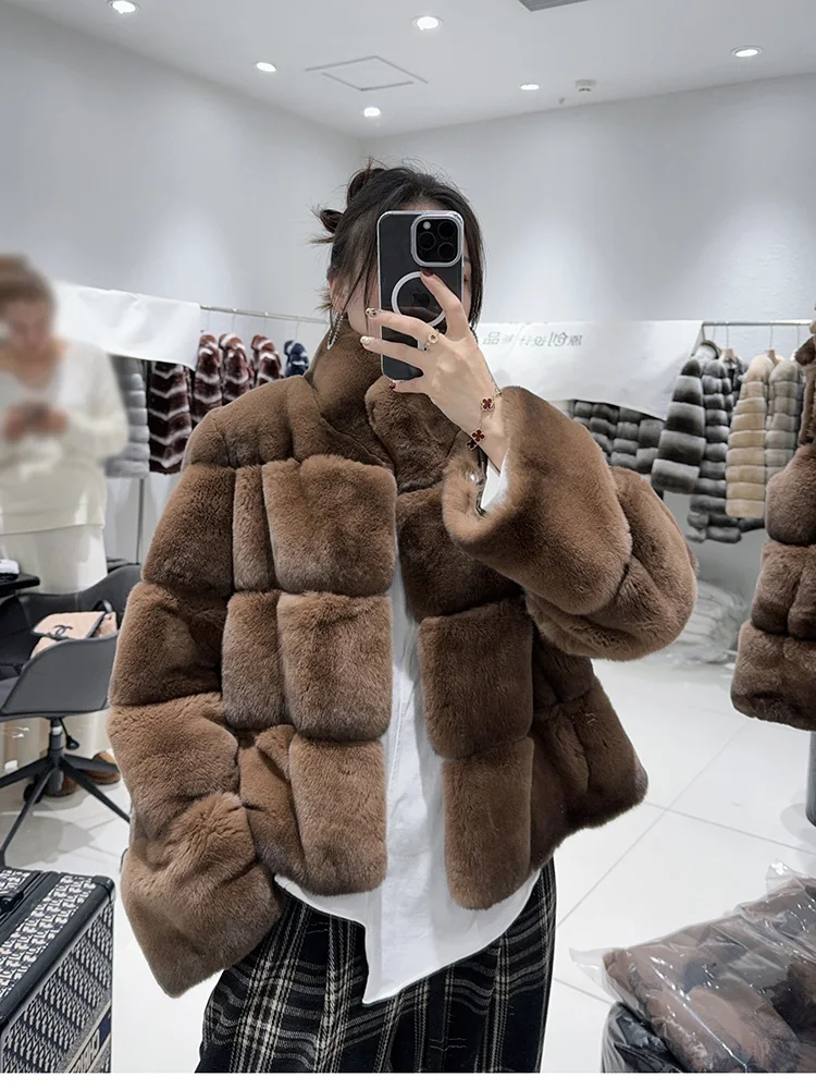 2025 신상 고품질 천연 렉스 토끼털 여성용 롱 슬리브 럭셔리 퍼 코트 두꺼운 따뜻한 겨울 아우터 재킷
