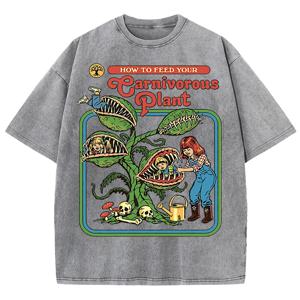 Earnivorous Plant 패턴 워시 티셔츠 남성 통기성 코튼 캐주얼 티셔츠 부드러운 여름 편안한 Crewneck 반팔