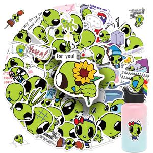 52개 그린 에일리언 스티커, 방수 재사용 가능 PVC 데칼, 노트북, 물병, 스케이트보드, 여행 가방용, 기발한 디자인