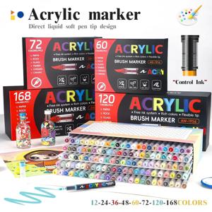 12-168색 아크릴 물감 펜 마커 브러쉬 팁 페인트 마커, 암석 페인팅, 나무, 캔버스, 돌, 크리스마스 선물, DIY 공예용