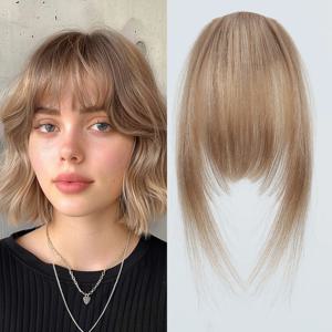 100% 인모 앞머리, 금발/갈색, 가벼운 앞머리, 헤어 클립형 앞머리, 옆머리 있는 여성용 헤어피스, 클립형 에어뱅 4.5인치