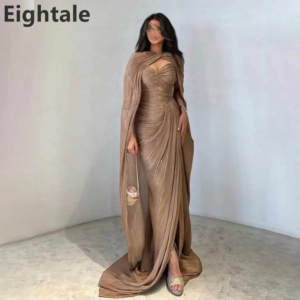 에이타일 2025 브라운 머메이드 맥시 이브닝 드레스 (케이프 포함) 웨딩 파티, 공식 행사, 프롬 드레스, 두바이 파티 가운, 맞춤 제작 가능