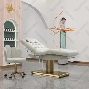 3모터 전동 미용 베드 (골드 실린더 베이스, LED 조명 포함, 살롱/스파/속눈썹 시술용)