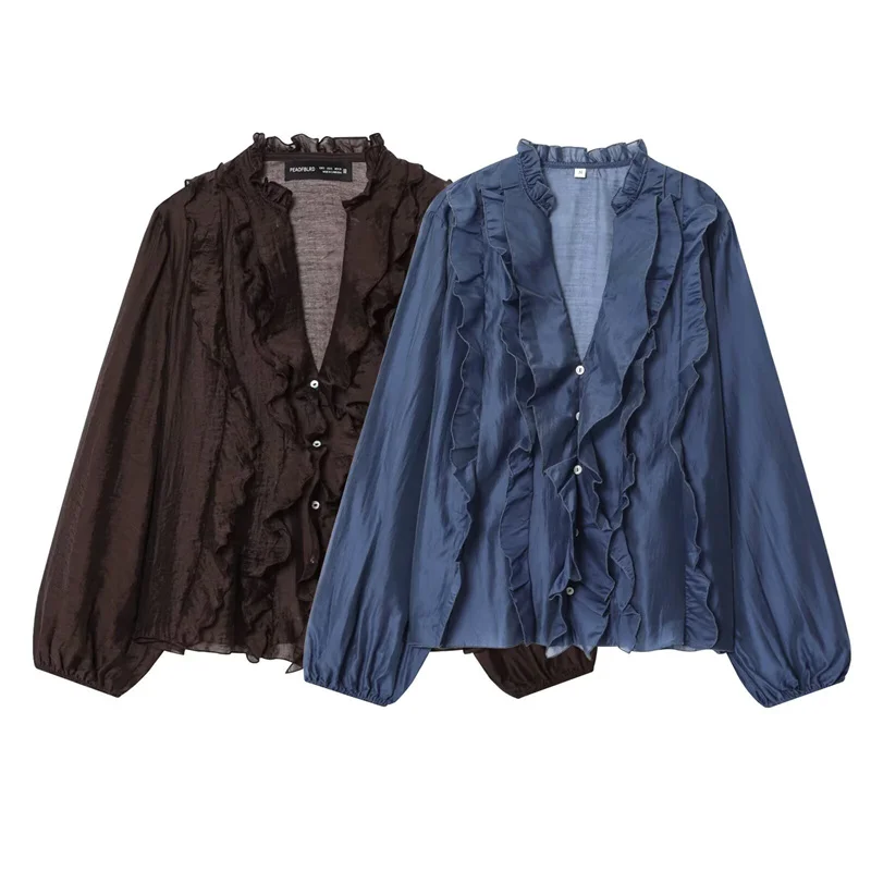 여성 셔츠 2025 가을 신상 딥 브라운 긴팔 레이어드 브이넥 섹시 셔츠 캐주얼 패션 다용도 스타일리시