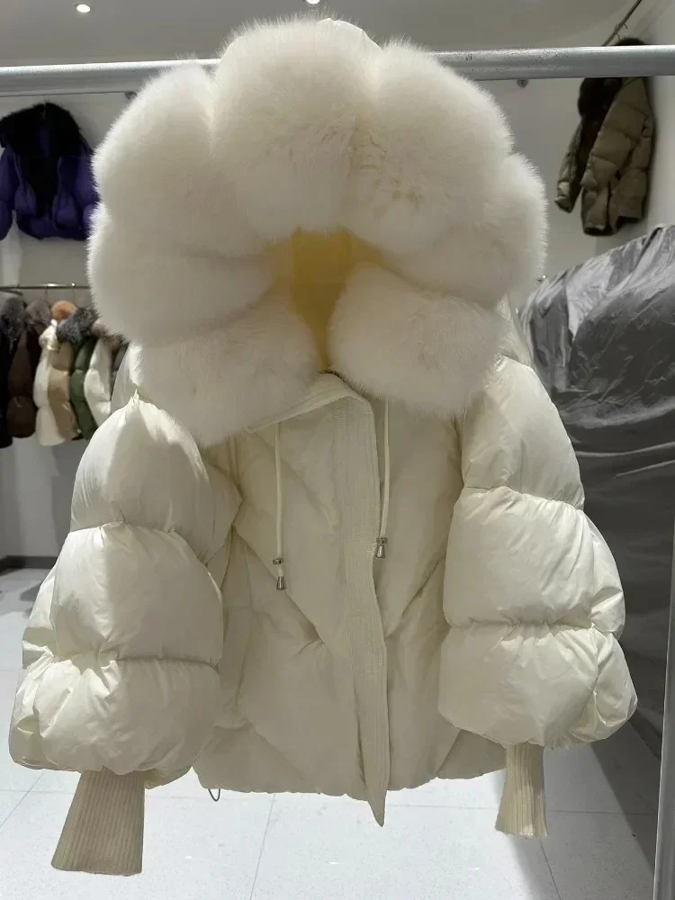 리얼리티 퍼 코트 여성용 겨울용 대형 리얼 퍼 후드 푸퍼 재킷 두꺼운 폭스 퍼 따뜻한 니트 소매 화이트 덕 다운 재킷 파카