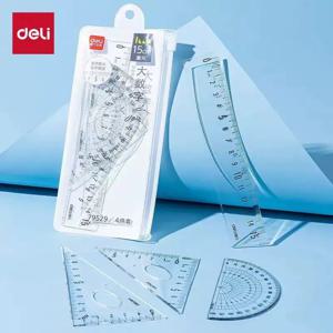 델리 투명 기하학 세트 4종 수학 도구 (자, 각도기, 삼각자 포함) 학생용 쉬운 측정
