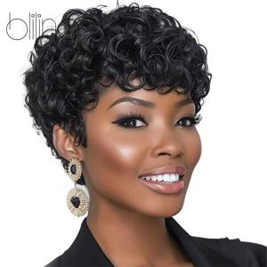흑인 여성용 숏 픽시컷 가발 아프로 숏 컬리 가발 내추럴 블랙 가발 합성 숏 컬리 헤어 가발