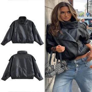 HH 여성 재킷 2025 가을 신상 블랙 긴 소매 터틀넥 인조 가죽 재킷 모터사이클 스타일 개성 패션 코트 아우터웨어