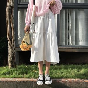2026년 신상 봄 여름 여성 스커트 고탄력 허리 코튼 린넨 솔리드 캐주얼 러플 A라인 스커트 프레피 스타일 패션 스커트