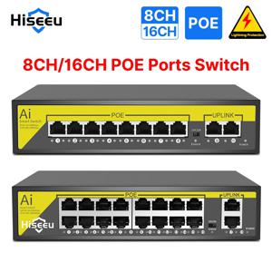 Hiseeu 48V 8/16 포트 POE 스위치 이더넷 10/100Mbps IEEE 802.3 af/at IP 카메라/CCTV 보안 카메라 시스템/무선 AP ft