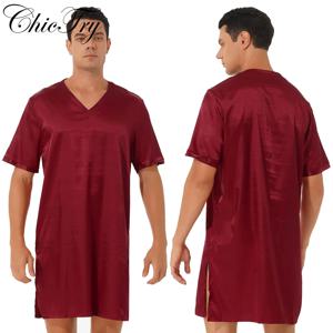 남성 새틴 잠옷 탑 나이트 셔츠 나이트 가운 잠옷 복장 반팔 속옷 Homewear Sides Split Sleep Tops Nightwear