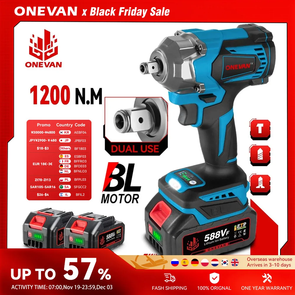 ONEVAN 1200N.M 브러시리스 전기 임팩트 렌치 1/2인치 무선 토크 렌치 스크루드라이버 파워툴 (마키타 18V 배터리 핀용)