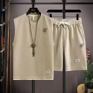 2024 새로운 와플 패브릭 민소매 조끼 세트 망 여름 캐주얼 스포츠 세트 통기성 느슨한 남성 조끼와 반바지 2PC 스포츠 정장