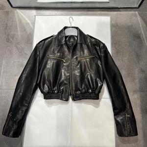 여성용 천연 소가죽 짧은 재킷, 빈티지 긴팔 왁스 소가죽 탄성 허리 오토바이 재킷, 2024 가을 겨울