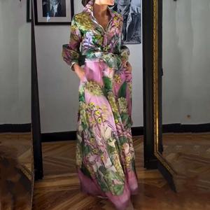 2024 패션 레이스 업 파티 복장 우아한 패턴 인쇄 가을 2 조각 세트 캐주얼 옷깃 랜턴 슬리브 셔츠 + 롱 스커트 정장