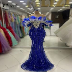 로얄 블루 오프숄더 깃털 크리스탈 이브닝 파티 원피스, 프린지 프릴, 특별 격식 있는 이벤트 드레스, 2024 로브