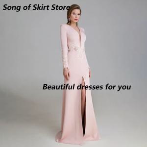 맞춤형 긴팔 이브닝 드레스, 핑크 A 라인 V 넥 무도회 원피스, 절묘한 저지 아플리케 태슬, 격식 있는 파티 드레스, 2025