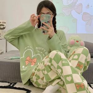 봄과 가을 새로운 여성 잠옷 Homewear 정장 소녀 얇은 섹션 긴팔 학생 큰 야드 만화 느슨한 잠옷