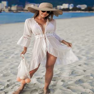 여름 크로셰 보호 비치 수영복 비키니 커버업 레이스업 헤어볼 롱 블라우스 속이 빈 오픈 프론트 커버업 더스터 기모노